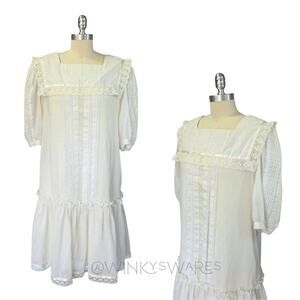 Gunne Sax Vintage 70s Edwardian Style White Midi Dress Size 11 M Drop Waist